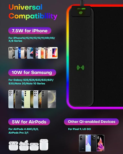 2-in-1 RGB Gaming Mouse Pad with Wireless Charging, 31.5"x15.8" Large, 24 Light Effects, Non-Slip Base, Waterproof Ultra-Smooth Surface, No Adapter