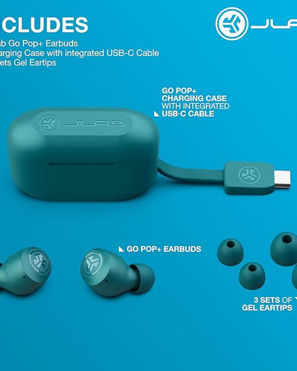 JLab Go Air Pop+ True Wireless Earbuds, in Ear Headphones, Bluetooth Earphones, 35H Playtime Ear Buds, Bluetooth Earbuds with Microphone, USB-C Charging Case, Dual Connect, EQ3 Sound, Teal