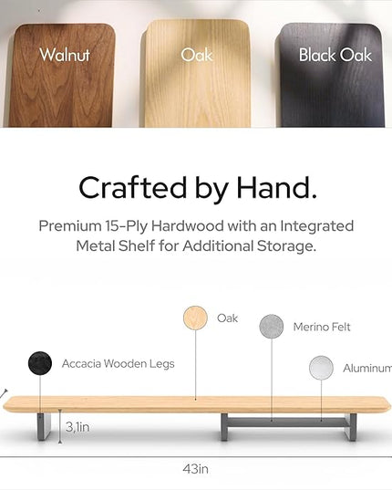 KIVY Dual Monitor Riser With Integrated Metal Shelf [MADE BY HAND] - Wooden Desk Shelf for 2 Monitors - Wide Long Stand for Desk (44 x10x3in - Oak)