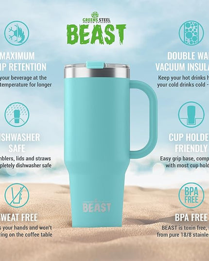 Beast 42 oz Tumbler with Handle Stainless Steel Vacuum Insulated Coffee Ice Cup Double Wall Travel Flask (Aqua Blue)