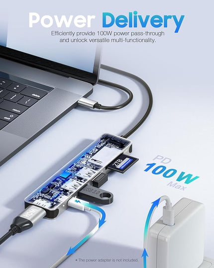 Hiearcool USB C Hub Multi-Port Adapter, 7-in-1 USB-C Dongle with 4K HDMI 100W PD SD/TF Card Reader, USBC Dock Compatible for MacBook Pro/Air Dell XPS Lenovo HP and Other Windows Laptops-Sliver White