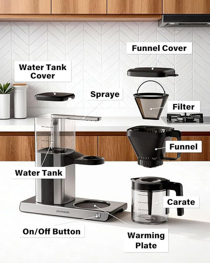 SHARDOR 8-Cup Drip Coffee Maker with Reusable Filter and Glass Coffee Pot，Black and Sliver