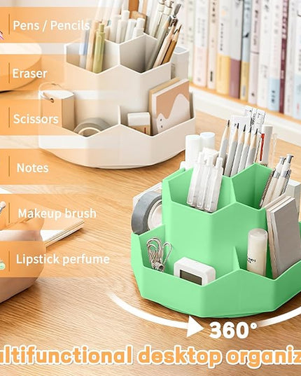Pencil Pen Holder for Desk,9 Slots 360 Degree Rotating Desk Organizers,Desktop Storage Stationery Supplies Organizer, Cute Pencil Cup Pot For Office, School, Home(Green)