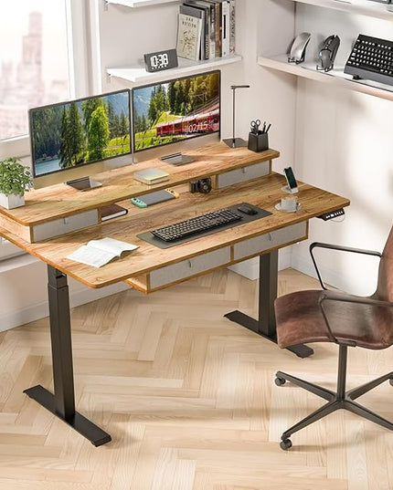 Kingant Standing Desk with Drawers & USB Charging Port, 55" x 30" Height Adjustable Home Office & Gaming Desk, Sit Stand Desk with Built-in Storage Shelf, Hook & Ergonomic Design(Light Rustic)