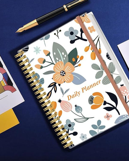 Daily Planner Undated - B5 To Do List Notebook Hourly Schedules, Spiral Appointment Planner for Women and Men, PVC Hardcover, Inner Pocket, Elastic Closure, 7" x 10", Rose Flower