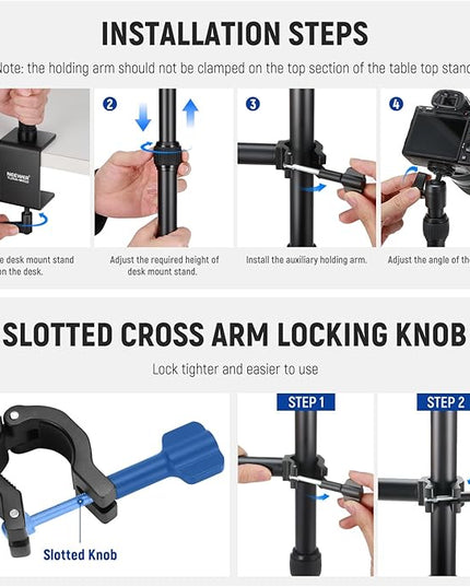 NEEWER Upgraded Overhead Camera Rig with Trifold Camera Boom Arm (Max Load 2lb), 47"/1.2m Telescopic Desk Mount Stand (Max Load 8.8lb) with Phone Clamp Ball Head for LED Light Webcam Mic, TL253A+MH022