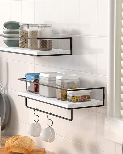 ZGO Floating Shelves for Wall Set of 2, Wall Mounted Storage Shelves with Black Metal Frame and Towel Rack for Bathroom, Bedroom, Living Room, Kitchen, Office (White)