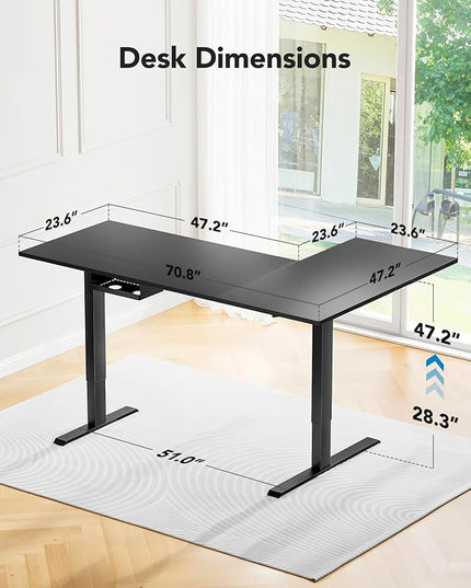 HUANUO Dual Motor L-Shaped Standing Gaming Desk, 71 x 48 inch Corner Standing Desk, Electric Adjustable Gamer Computer Table with Cable Tray & 3 Preset Heights, Raising Table for Home Office, Black