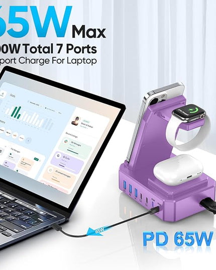 300W Charging Station for Multiple Devices Apple, Zutspzss 10 in 1 Wireless Charger for iPhone 16, GaN III USB C 65W PD Fast Charging Stand Dock for MacBook, Apple Watch&Airpods,Purple