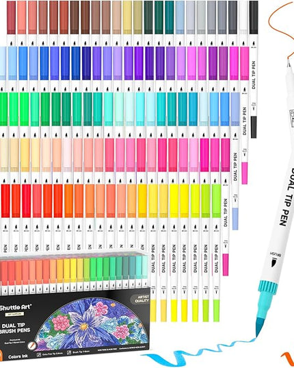 120 Colors Dual Tip Brush Marker Pens with 1 Coloring Book, Fineliner and Brush Dual Tip Markers Set, Water-based Ink Perfect for Kids Adult Artist Calligraphy Hand Lettering Journal Doodling Writing