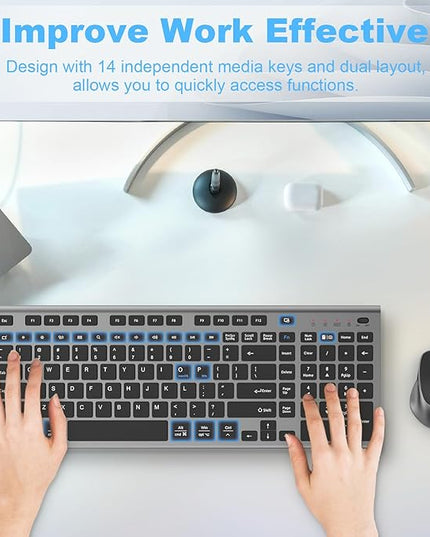 FENIFOX Wireless Keyboard and Mouse, Rechargeable USB C Combo Silent Quiet Compact Full Size Flat with Number Pad Soft Cover for Mac MacBook iMac Windows PC Laptop Computer Office - Black & Grey