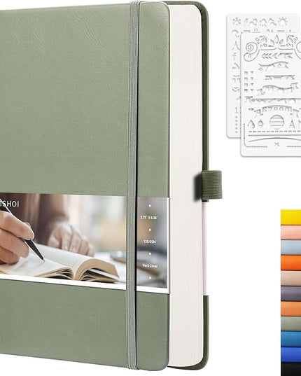 EMSHOI Dotted Notebook - 256 Pages A5 Dotted Grid Journal Notebook,120gsm Thick Paper,16 Perforated Pages, Smooth PU Leather, Inner Pocket,5.75'' × 8.38''-Green