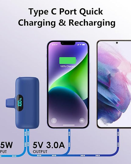 [2 Pack] Mini Portable Charger 5000mAh,Ultra-Compact 15W PD Fast Charging Power Bank,LCD Display Cute Battery Pack Backup Charger Compatible with iPhone 14/14 Pro Max/13 Pro/12/11/XR/8/7-Black+ Blue