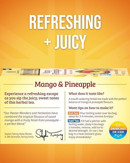 Twinings Mango & Pineapple Herbal Tea Individually Wrapped Bags, 20 Count (Pack of 2), Naturally Caffeine-Free, Enjoy Hot or Iced, 20 Teabags
