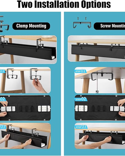 Oxford Cloth Under Desk Cable Management Tray,No-Drill 48" Desk Cable Management Organizer with Clip/Screw Installation,Holds Up to 70 lbs,Fabric Cable Management for Home,Office & Gaming Computer