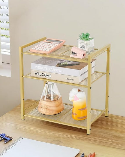 Desktop Shelf Organizer, 3-Tier Office Storage Rack, Adjustable Metal Bookshelf for Top of Desk, Desk Organizer for Office, Home, Dorm and Small Spaces (Gold)