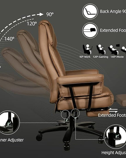 Reclining Office Chair with Footrest, Big and Tall Home Office Desk Chairs 400lbs with High Back, Criss Cross Wide Seat, Heavy Duty Base, Pu Leather, Brown