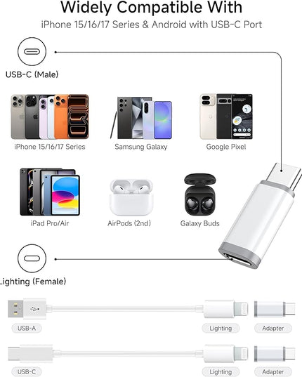 Lightning to USB C Adapter 4 Pack - Fast Charging & Data Transfer USB Type C to Lightning Charger Connector Compatible with iPhone 15/16/17 Pro Max/Plus, Samsung, Pixel - (Not for Audio/OTG)
