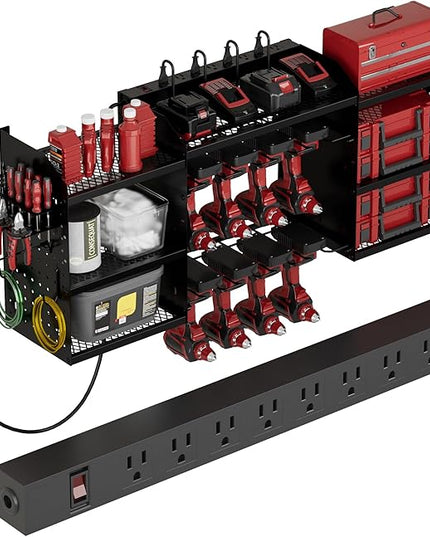 Power Tool Organizer Wall Mount with Charging Station, Heavy-Duty Metal Garage Tool Storage Rack & 8 Outlet Power Strip, 51 Inch 3 Tier 8 Bin Shelves for Workshop Organization