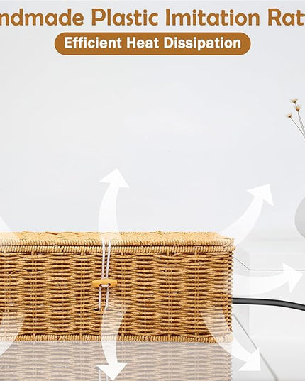 Cable Management Box, Handmade Imitation Rattan Cord Cable Organizer, Open Slots Cords Hider Box Cord Basket Under Desk Cord Organizer for Computer Router USB Hub & Power Strip