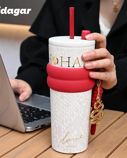 24 oz Tumbler with Lid and Straw, Insulated Coffee Mug Leak Proof, Portable Iced Travel Water Bottle, Reusable Thermal Coffee Cup, Gifts for Women, Pearl White