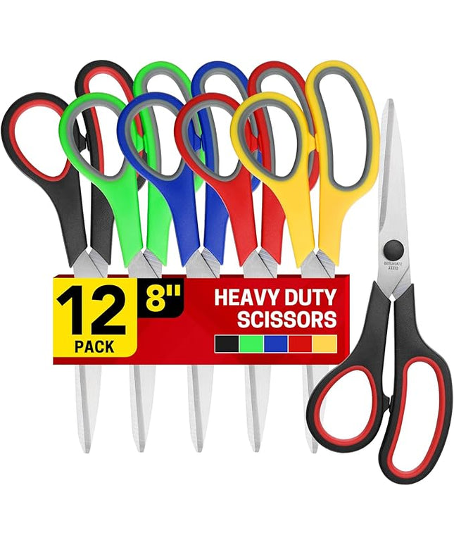 BURVAGY 8" 12 Pack All Purpose Heavy Duty Scissors- Comfort-Grip Sharp Scissors for Office School Sewing Fabric Craft High/Middle School Student Teacher Scissor, Right/Left Hand