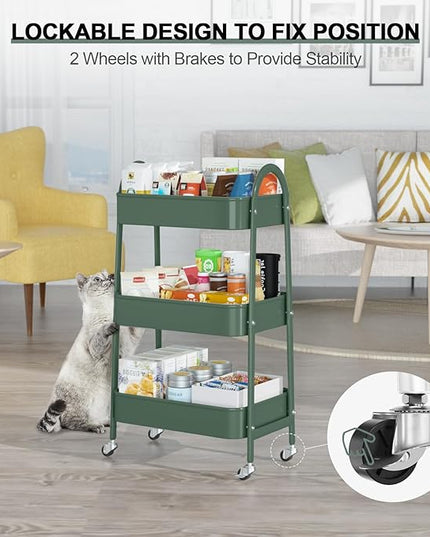 EAGMAK 3 Tier Utility Rolling Cart, Metal Storage Cart with Handle and Lockable Wheels, Multifunctional Storage Organizer Trolley with Mesh Baskets for Kitchen, Living Room, Office, Garage (Jungle)