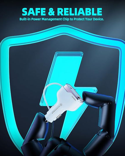 6-Port USB-C Car Charger, 123W Fast, PD 45W Compatible with iPhone16/Galaxy/Samsung S24, Cigarette Lighter Adapter with 5.7FT Cable for Rear Seat Charging (White)