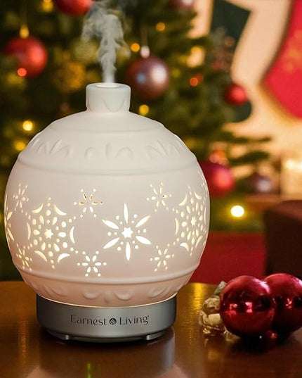 Earnest Living Christmas Ball Essential Oil Diffuser White Ceramic 100 ml Diffuser Home Décor, 7 Color Lights, Timers, Auto Off Cool Mist Humidifier Aromatherapy Diffuser