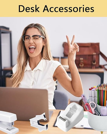 Office Supplies,Desk Accessories,with Stapler, Tape Dispenser,Desk Organizer,Folding Phone Holder,Pen,Journal Notebook,Scissor,Staple Remover,Staples,Clear Tape,Sticky Notes,Paper Clips,Bookmark,Ect
