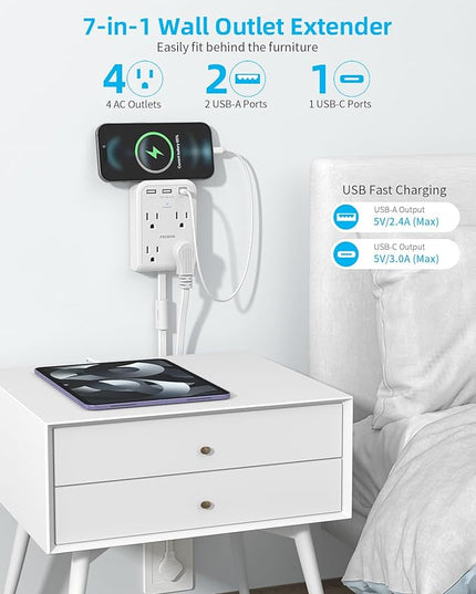 Short Power Strip 3FT - Outlet Extender Stick with 4AC Outlet and 3 USB Ports(1 Type C), Flat Wall Extension Cord with Multiple Outlets Small Surge Protector for Home Office Dorm, White