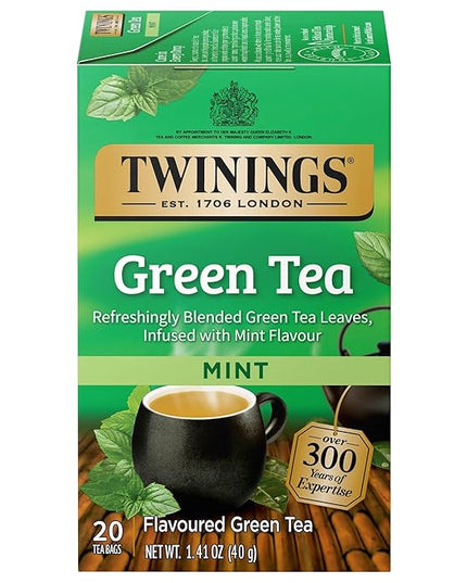 Twinings Green Tea with Mint Individually Wrapped Bags, 20 Count (Pack of 1), Invigorating Aroma, Caffeinated, Enjoy Hot or Iced, 20 Teabags