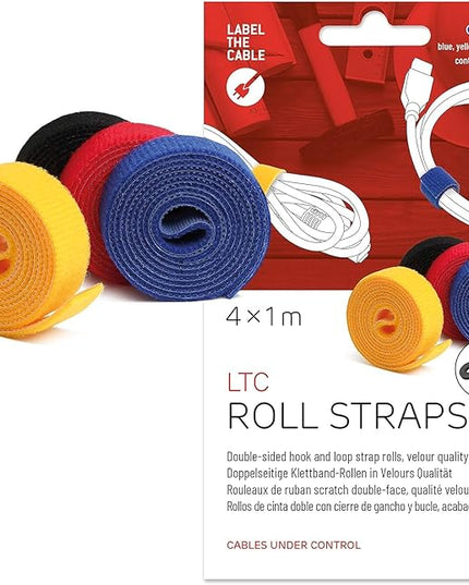 Label-the-cable Cable Management Ties Tape, Adjustable, Re-Useable/Cable Tidy/Hook and Loop Cord Organizer, Wire Management/LTC Rolls, 4 PCS, 1m x 16mm, Black, Blue, Yellow and Red, LTC 1230