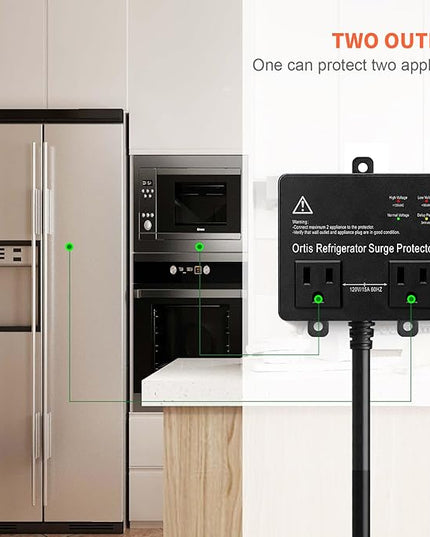 Refrigerator Surge Protector, Ortis Double Outlet Voltage Protector for Home Appliances TV Washer with Time Delay, Protects Against Brownout, Spike, Instant Surge All Voltage Abnormalities