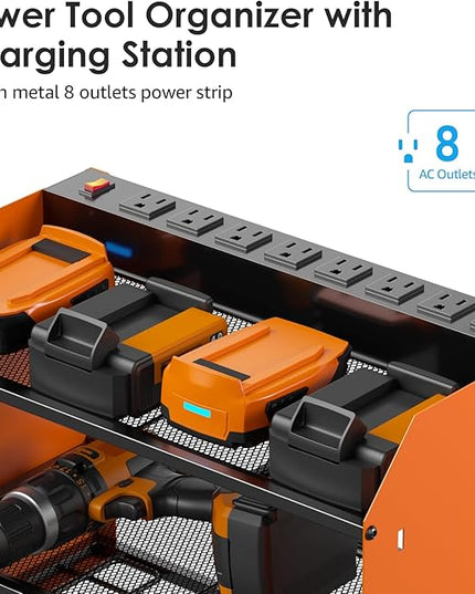 CCCEI Modular Power Tool Organizer Wall Mount with Charging Station. Garage Drill Storage Shelf with Hooks, Heavy Duty Rack, Tool Battery Holder Built in 8 Outlet. Gift for Men. Orange, 1 Pack.