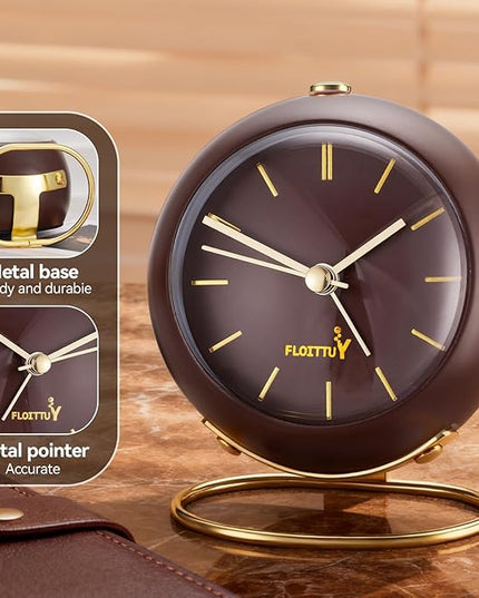 FLOITTUY Silent Table Analog Alarm Clock No Ticking, Lighted on Demand and Battery Operated, Beep Sounds, Small Desk Clock(Cocoa Brown)