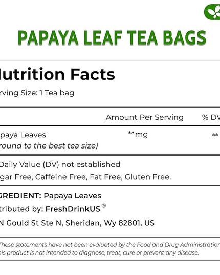 FreshDrinkUS, Premium 75 Papaya Leaf Tea Bags, 100% Natural & Pure from Papaya Leaves. Loose Leaf Herbal Tea. Made with Natural Material Tea Bags. No Sugar, No Caffeine, No Gluten, Vegan.