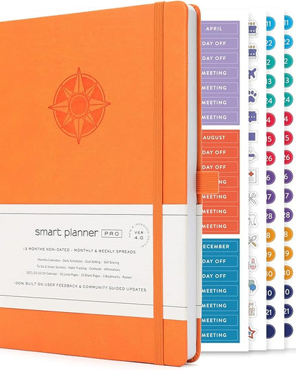 Smart Planner Pro – Medium 10 x 7 inches (B5) – Undated Agenda Daily Planner – Tested & Proven to Achieve Goals & Increase Productivity, Time Management & Happiness with Weekly, Monthly, Gratitude Sections, Back Pocket (Orange)