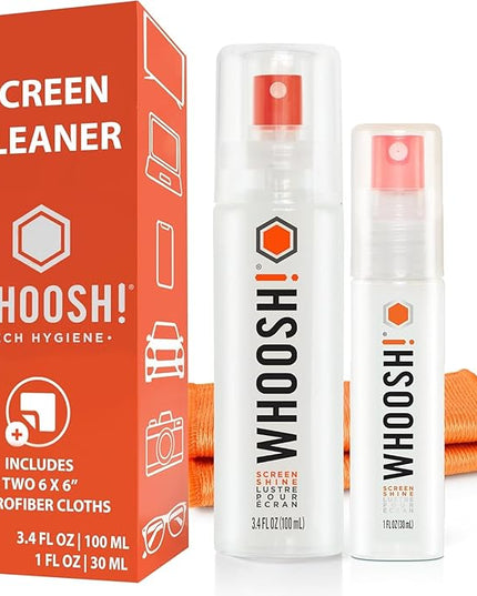 WHOOSH! Screen Shine Duo XL - Screen Cleaner Spray and Wipe for Eyeglasses, Phone & Laptop - Removes Fingerprints - Includes 3.4 oz + 1 oz Leak-Free Bottles & 2 Microfiber Cloths for Home & Travel