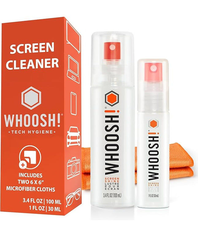 WHOOSH! Screen Shine Duo XL - Screen Cleaner Spray and Wipe for Eyeglasses, Phone & Laptop - Removes Fingerprints - Includes 3.4 oz + 1 oz Leak-Free Bottles & 2 Microfiber Cloths for Home & Travel