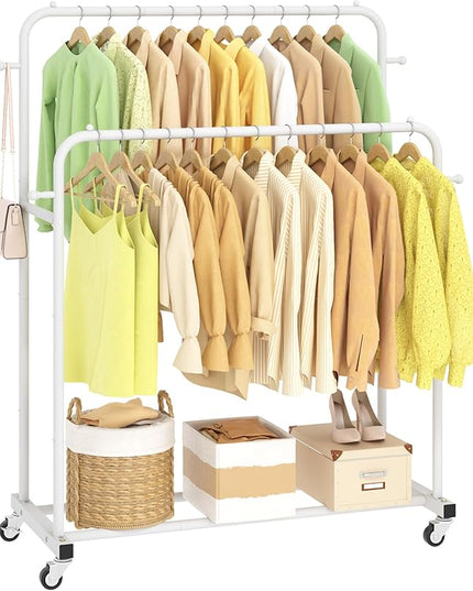 Laiensia Double Rods Garment Rack with Wheels, Clothing Rack for Hanging Clothes,4 Hooks, Multi-functional Bedroom Clothes Rack, White