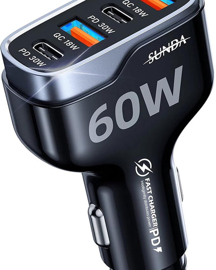 SUNDA 60W USB C Fast Car Charger | 4-Ports Car Charger Adapter | Dual Type C PD30W/PPS30W Compatible with iPhone17/16 Pro/Max/iPhone15/Galaxy/SamsungS25 | Dual USB-A 18W QC3.0 for Android(Black)