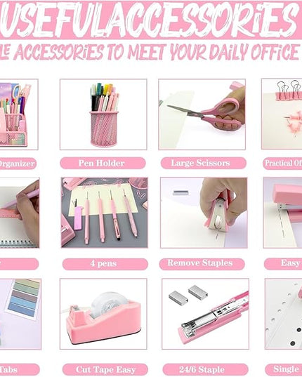 Pink Office Supplies, 17Pcs Pink Desk Accessories Set Include Stapler, Mesh Desk Organizer, Tape Dispenser, Staple Remover, Pen Holder, Clips, Pens, Ruler, for Office Home School Women Students Gift