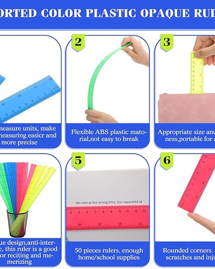 Zonon 50 Pcs 6 Inch/12 Inch Plastic Rulers Bulk Flexible Straight Rulers with Inches Centimeters First Day of School Gift Students Back to School Office Home Supplies(Colorful,12 Inch)