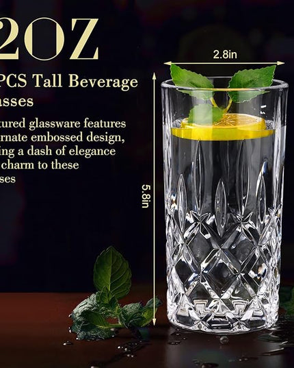 Uiifan Set of 12 Tall Highball Glasses 12 oz Crystal Drinking Glasses Clear Fancy Cups Vintage Textured Designer Glassware for Cocktail Tea Water Beer Soda Beverages, Dishwasher Safe (Classic Style)