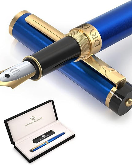 Dryden Designs Fountain Pen. Medium Nib Premium Box | 6 Ink Cartridges Included (Mysterious Blue)