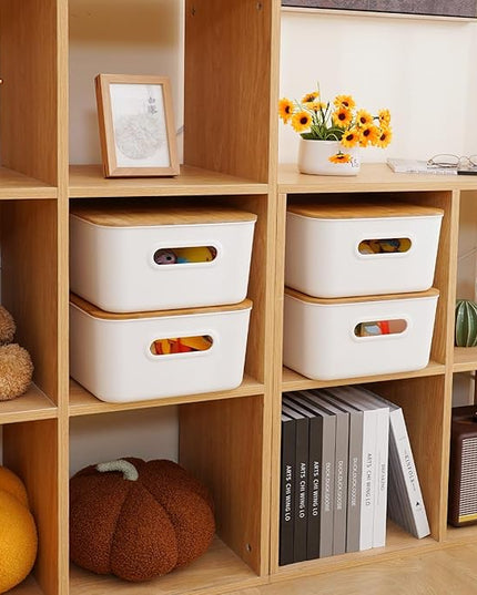 Citylife 2 PCS Storage Bins with Bamboo Lids Plastic Storage Containers for Organizing Stackable Storage Box with Handle, 15.12 x 10.67 x 5.98 inch