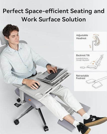 Newtral Office Chair Ergonomic - Home Office Desk Chair, Big and Tall Office Chair, Auto-Following Lumbar Support for Back Pain, Adjustable Seat Depth and Height (with Footrest + Laptop Tray, Gray)