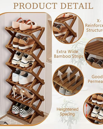 Comeon Bamboo Shoe Rack, Foldable Vertical Shoe Rack for Front Door Entrance Narrow Shoe Organizer Small Shoe Shelf for Entryway Shoe Storage Closet Multi-Tier (Brown Colors,6 Layers)