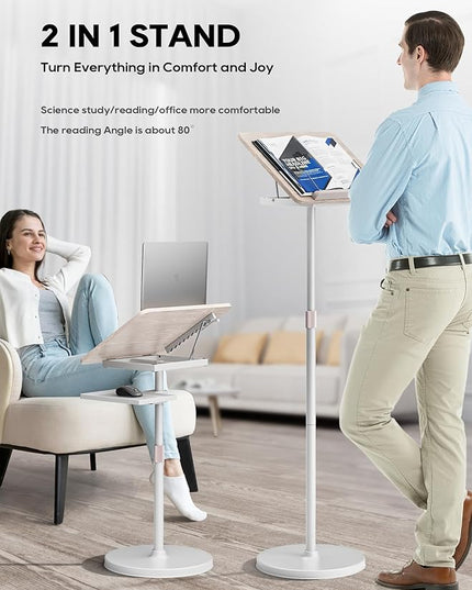 2 in 1 Adjustable Book Stand - Dual-Use Floor and Desktop Book Holder Stand, Height Adjustable 23.5-52 in, Elastic Page Clips for Music Sheet, Recipe, Tablet, Laptop-White